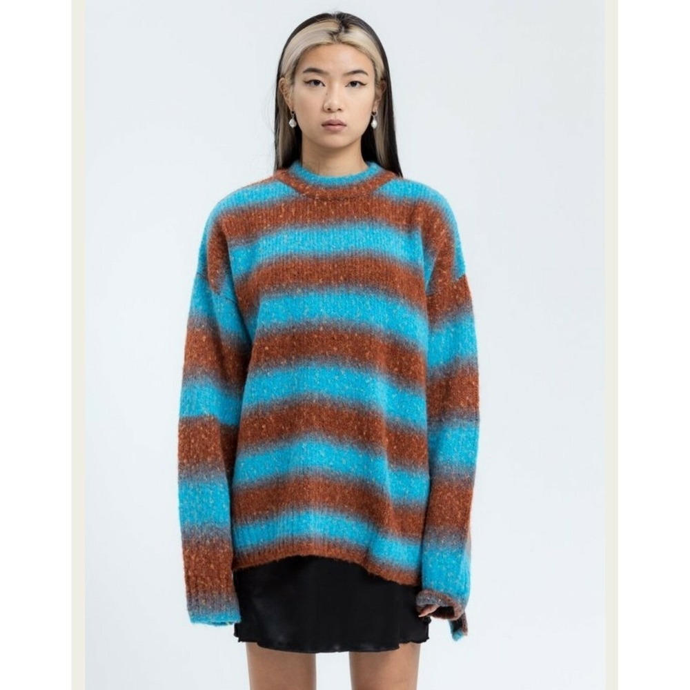 NWT We11done Striped Mohair Sweater Unisex S Blue Brown NEW Oversized Logo Patch